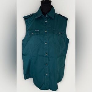 Ringers Western Sleeveless Button Up Shirt Vest Green Cotton Size 14